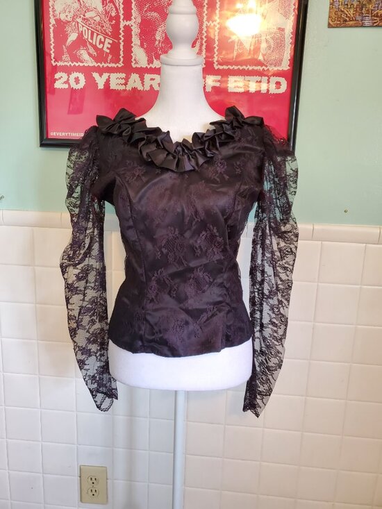 Vintage 80s Black Floral Lace Whimsigoth Long Sleeve Blouse Top Size Small - Picture 10 of 11